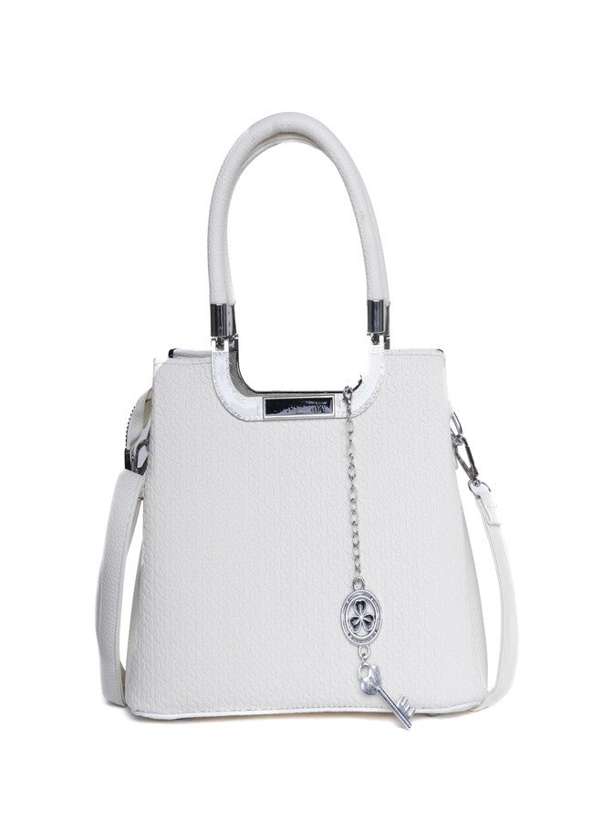 SANTORINI Élysée Women’s Textured small Satchel Bag | Multi-Compartment Design with Detachable Sling Strap & Charm - Premium Small Handbag for women (White) - Image 1